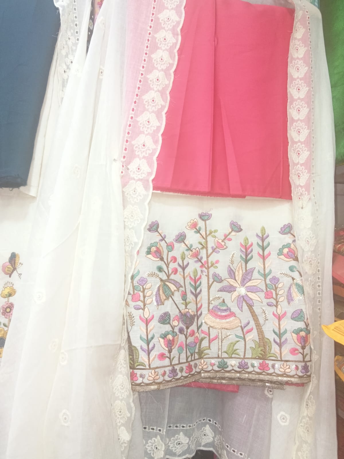 Coral Pink Top with Embroidered Cream Bottom Suit