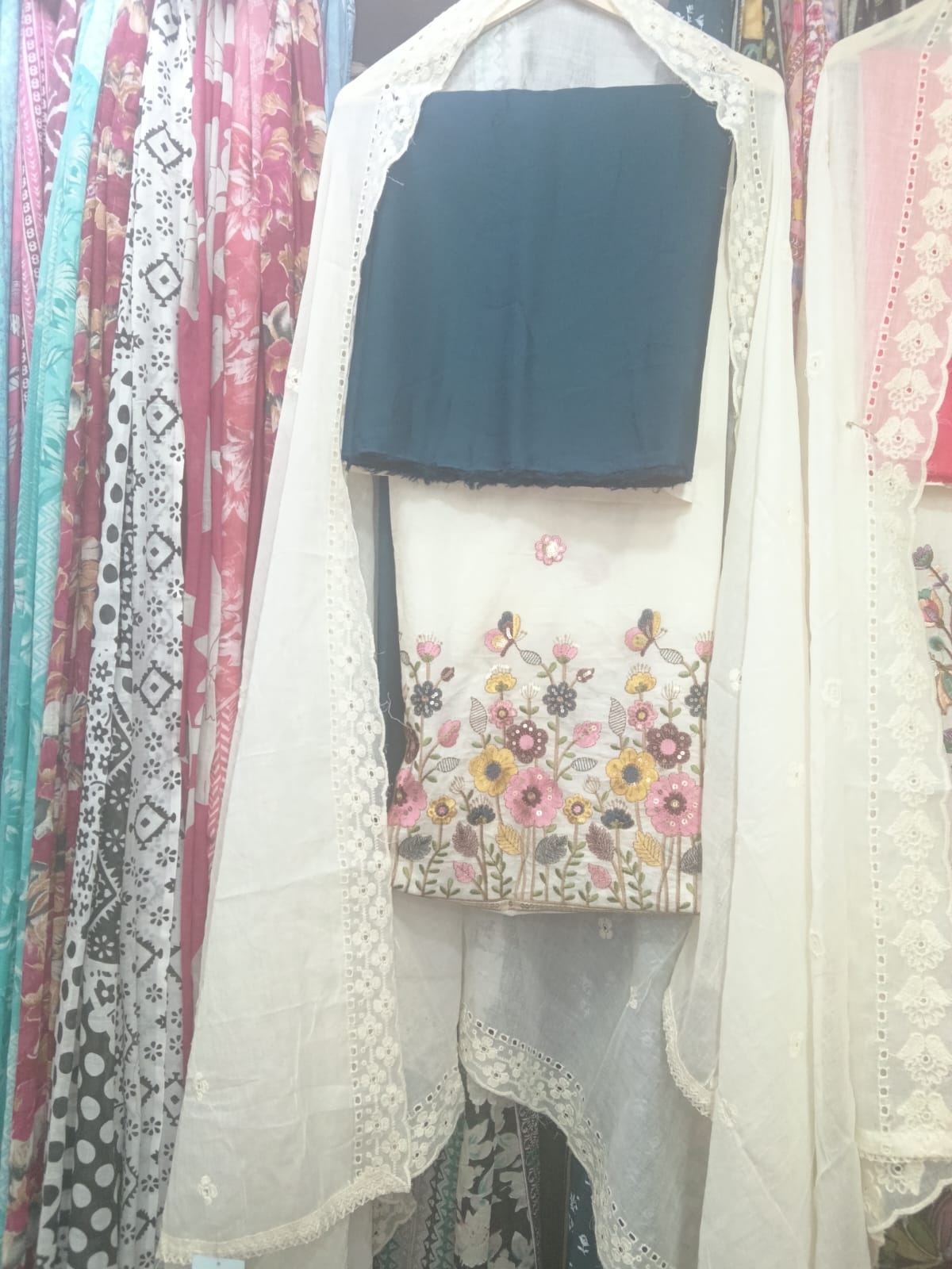 Teal Blue & Cream Garden Embroidery Suit