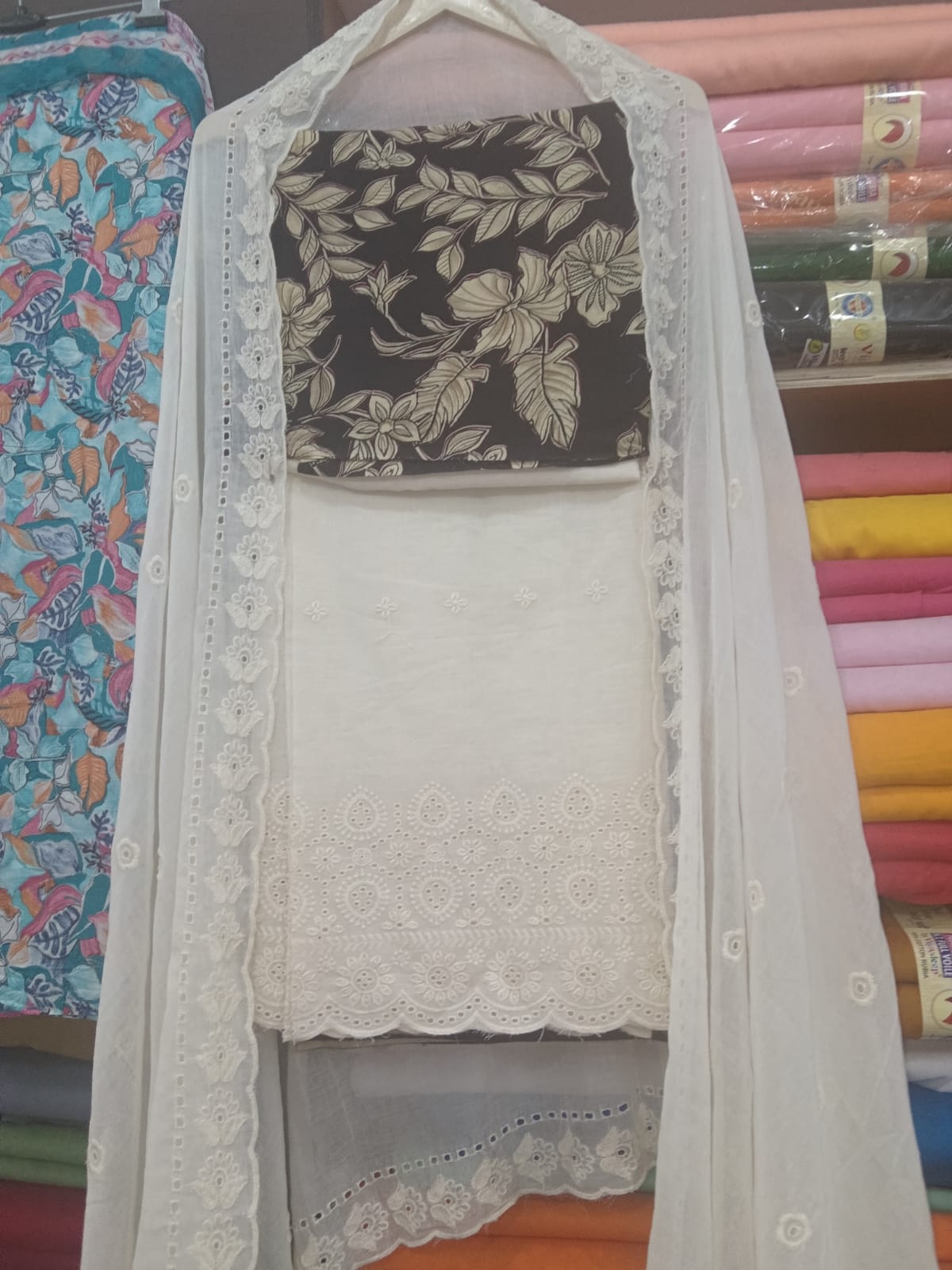 Cream Chikankari Suit with Monochrome Print Top