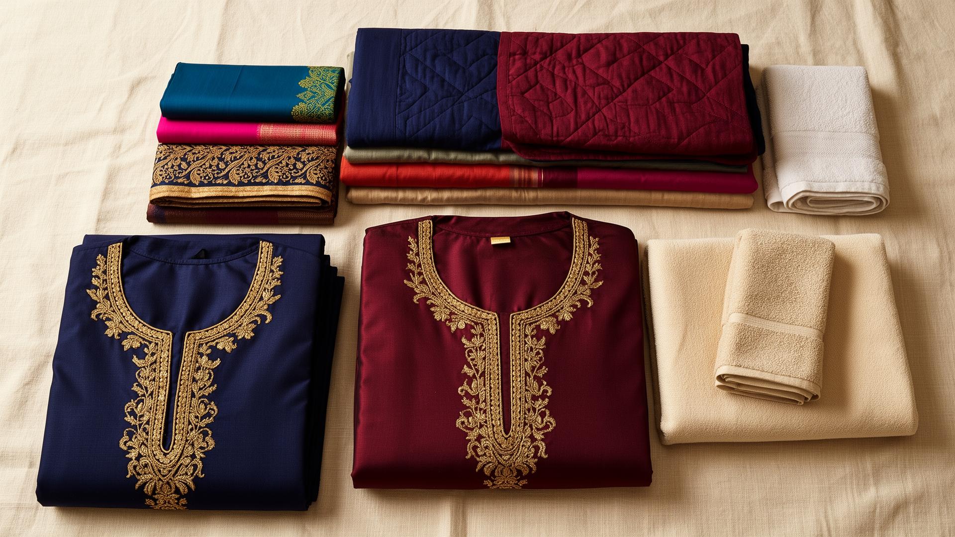 Premium textile collection — suits, bedsheets, blankets, towels and quilts folded on cream linen